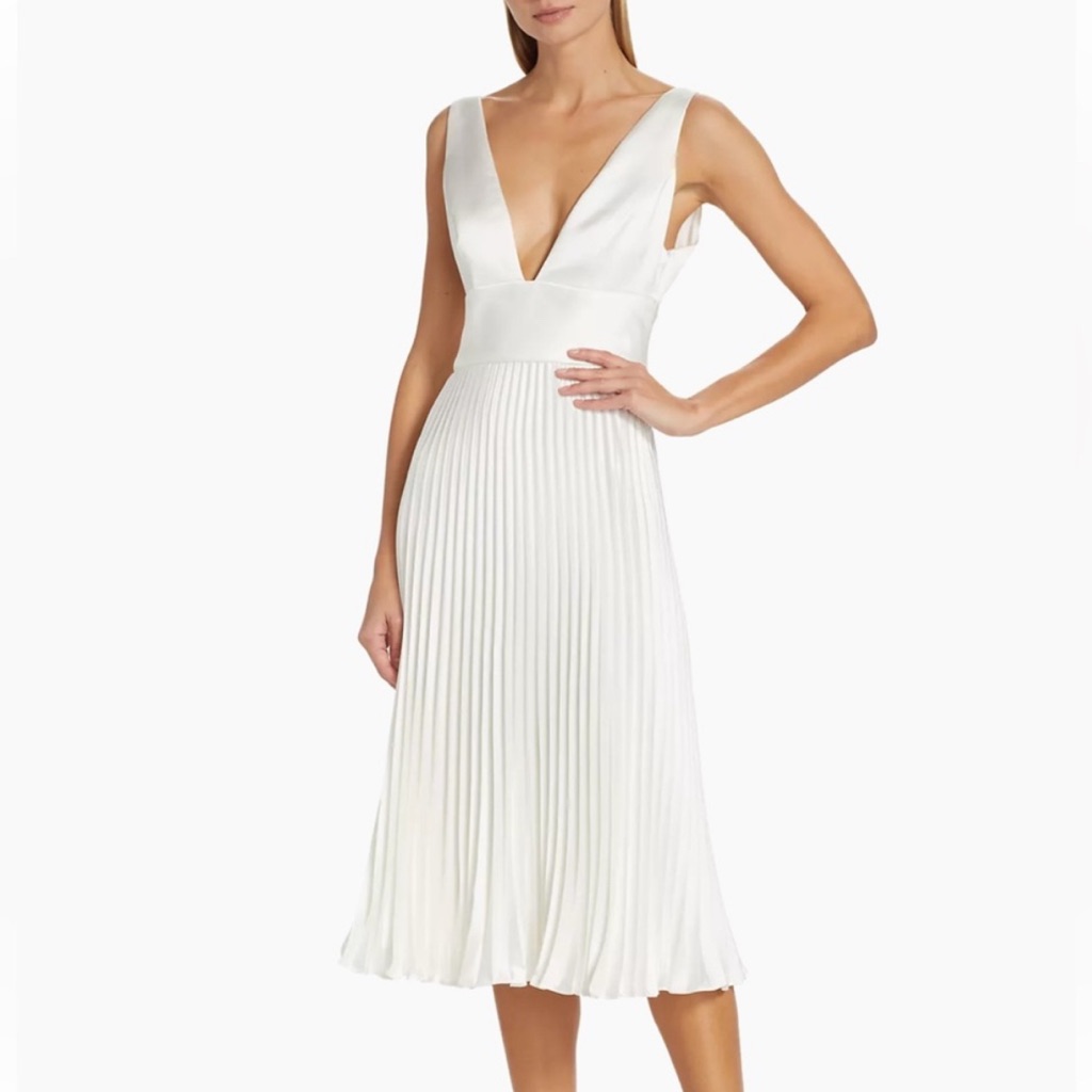 Amsale Satin V-Neck Pleated Midi-Dress | Ivory | Size 12 | Bridal